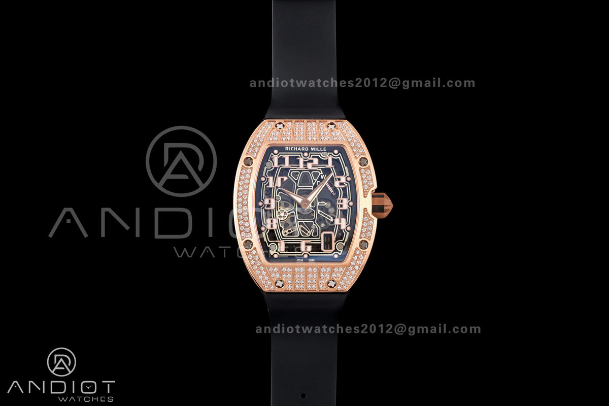 Mille Studio RM67-01 RG Skeleton Dial Diamonds Bezel on Black Rubber Strap CRMA6 Clone